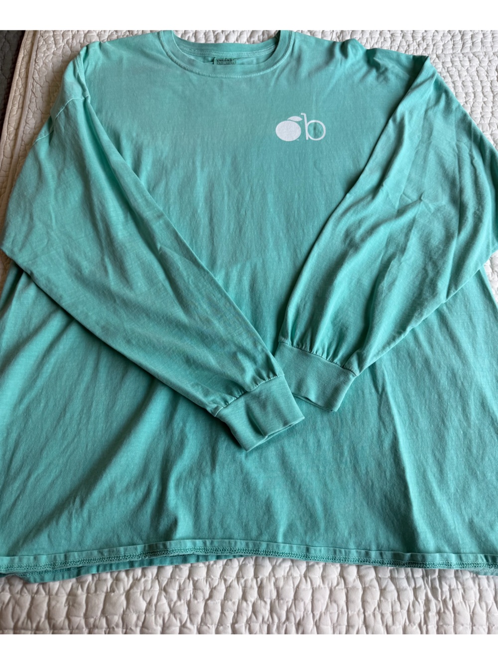 Comfort Colors Long Sleeve Tee in Seafoam Green with White Logo “Orange Beach”